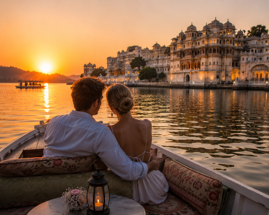 Couple enjoying a sunset boat ride on Lake Pichola in Udaipur.