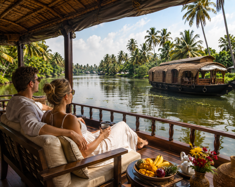 Couple relaxing aboard a luxury houseboat in Kerala backwaters.