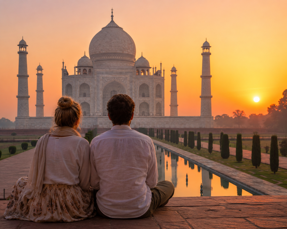 Couple admiring the Taj Mahal at sunrise during a romantic India tour.