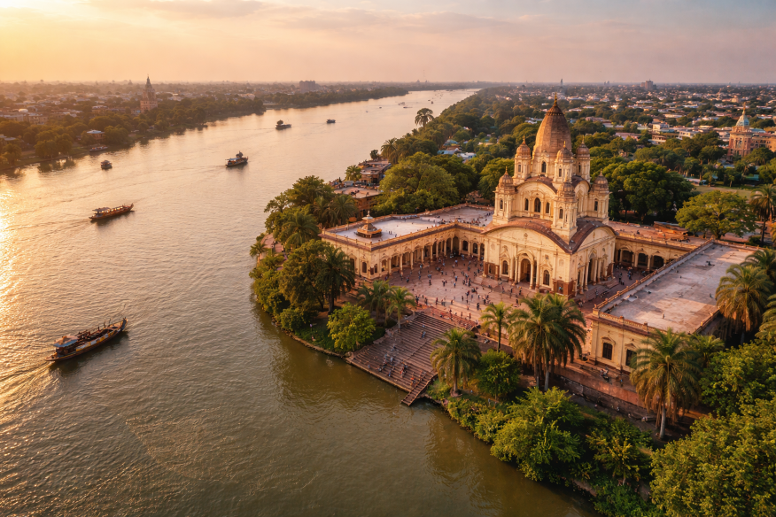Aerial view of Dakshineswar Kali Temple on the banks of Hooghly River Kolkata at sunset with boats and cityscape