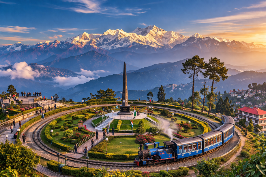 Panoramic view of Batasia Loop with the iconic toy train circling landscaped gardens and war memorial, set against the snow-capped Kanchenjunga in the background