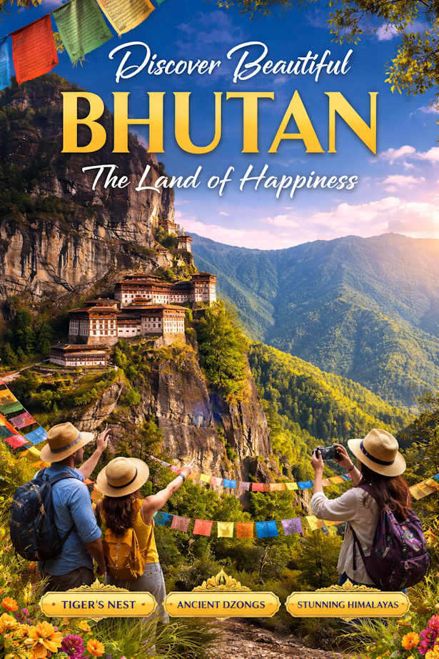 Tourists admiring the iconic Tiger’s Nest Monastery in Bhutan, perched on a dramatic cliff amidst lush Himalayan mountains, with prayer flags and scenic landscapes under a clear blue sky.
