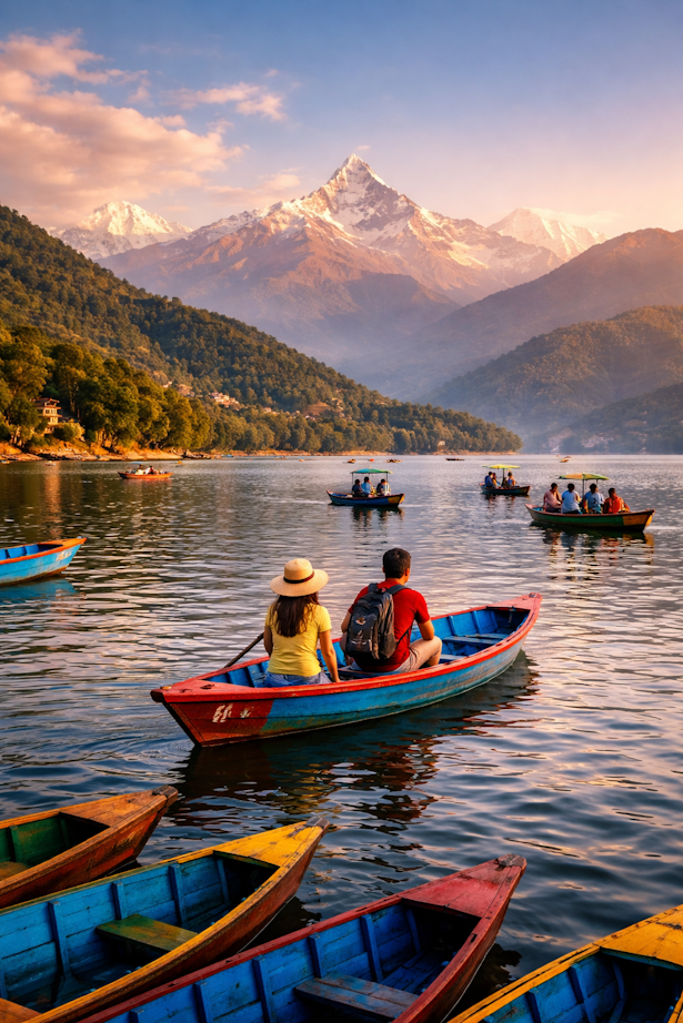 Colorful wooden boats on Phewa Lake with travelers enjoying a peaceful boat ride, surrounded by reflections of the Annapurna Himalayas in Pokhara, Nepal.