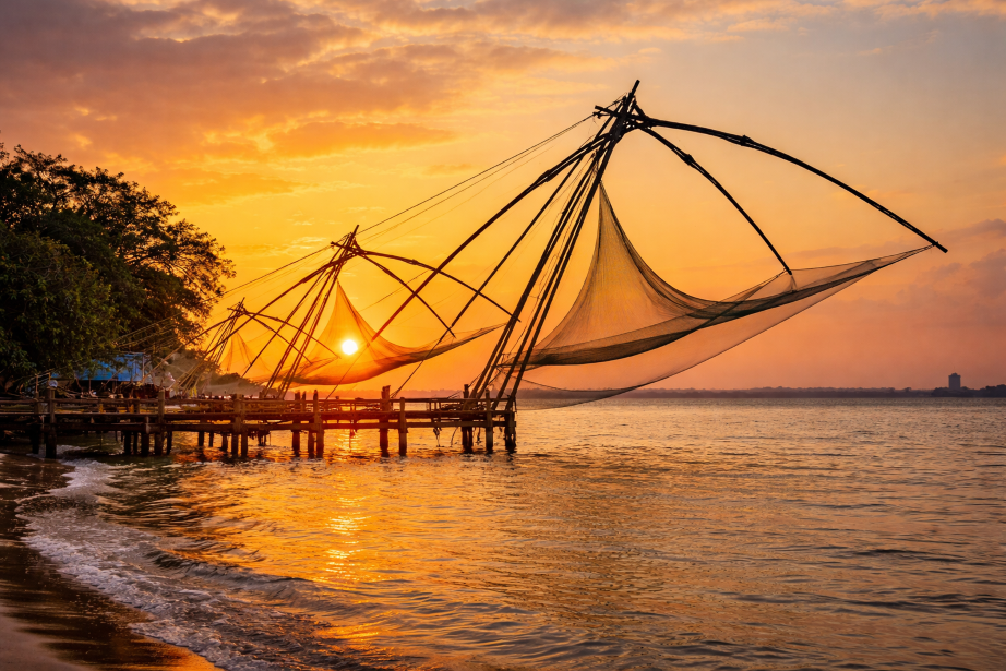 Chinese fishing nets at sunset in Kochi Kerala India coastal heritage scene