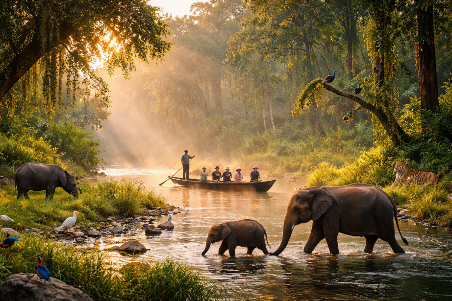Wildlife scene in Chitwan National Park showing elephants crossing a river at sunrise, with a canoe of tourists observing, surrounded by dense jungle, birds, and rich greenery.