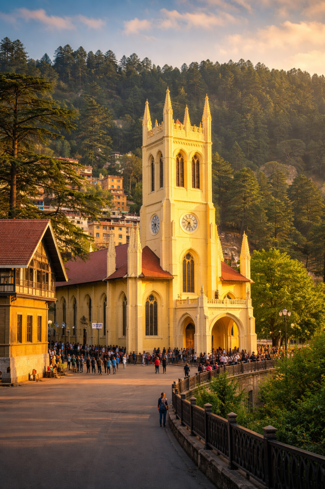 Christ Church Shimla illuminated in golden evening light, showcasing colonial Gothic architecture with visitors at The Ridge in Himachal Pradesh, India