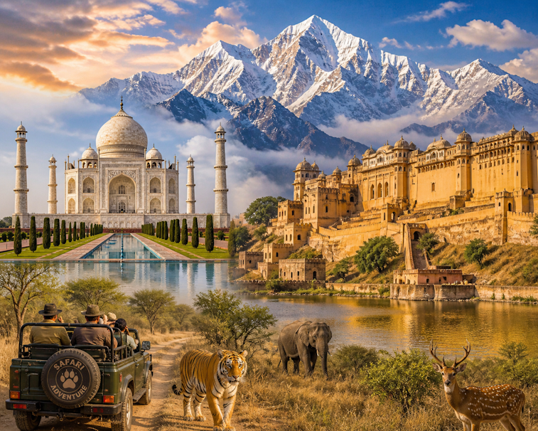 Collage of India featuring the Taj Mahal, a grand Rajasthani palace, wildlife safari with jeep, tiger and elephant, and snow-capped Himalayan mountains under a golden sky.