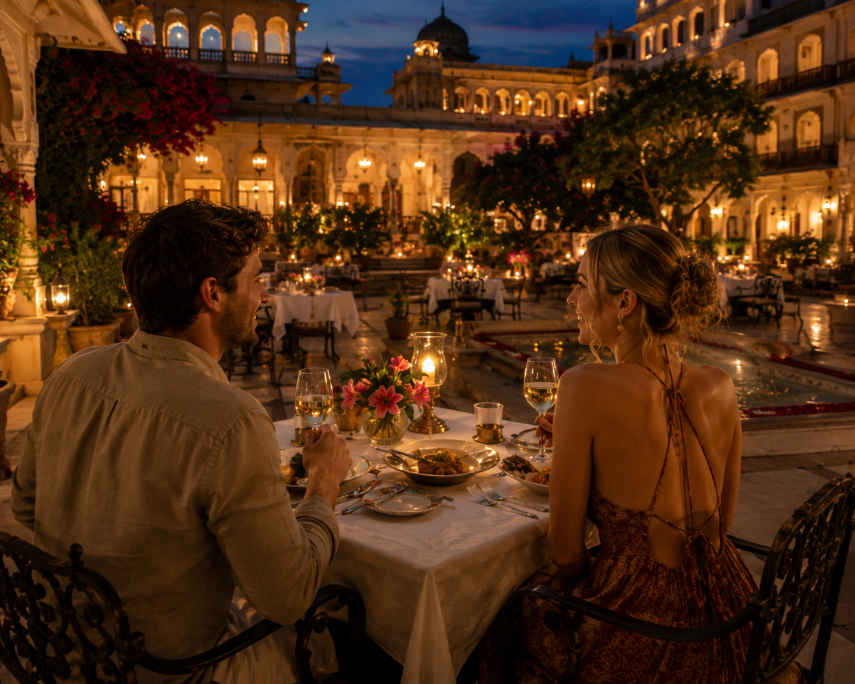 Couple enjoying a candlelit dinner in a luxury palace hotel in Rajasthan.