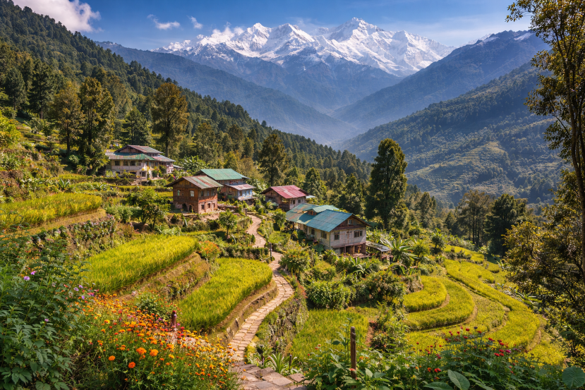 Scenic view of Darap Village in Pelling with traditional homes, terraced fields, and the majestic Kanchenjunga in the background