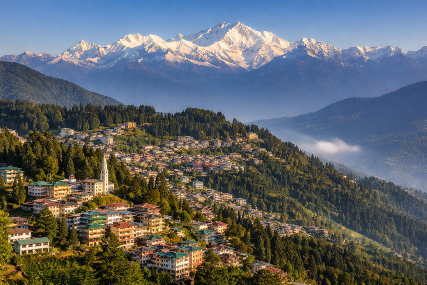 Panoramic view of Darjeeling with colorful hillside homes, lush tea gardens, and the snow-capped Kanchenjunga glowing at sunrise in the background