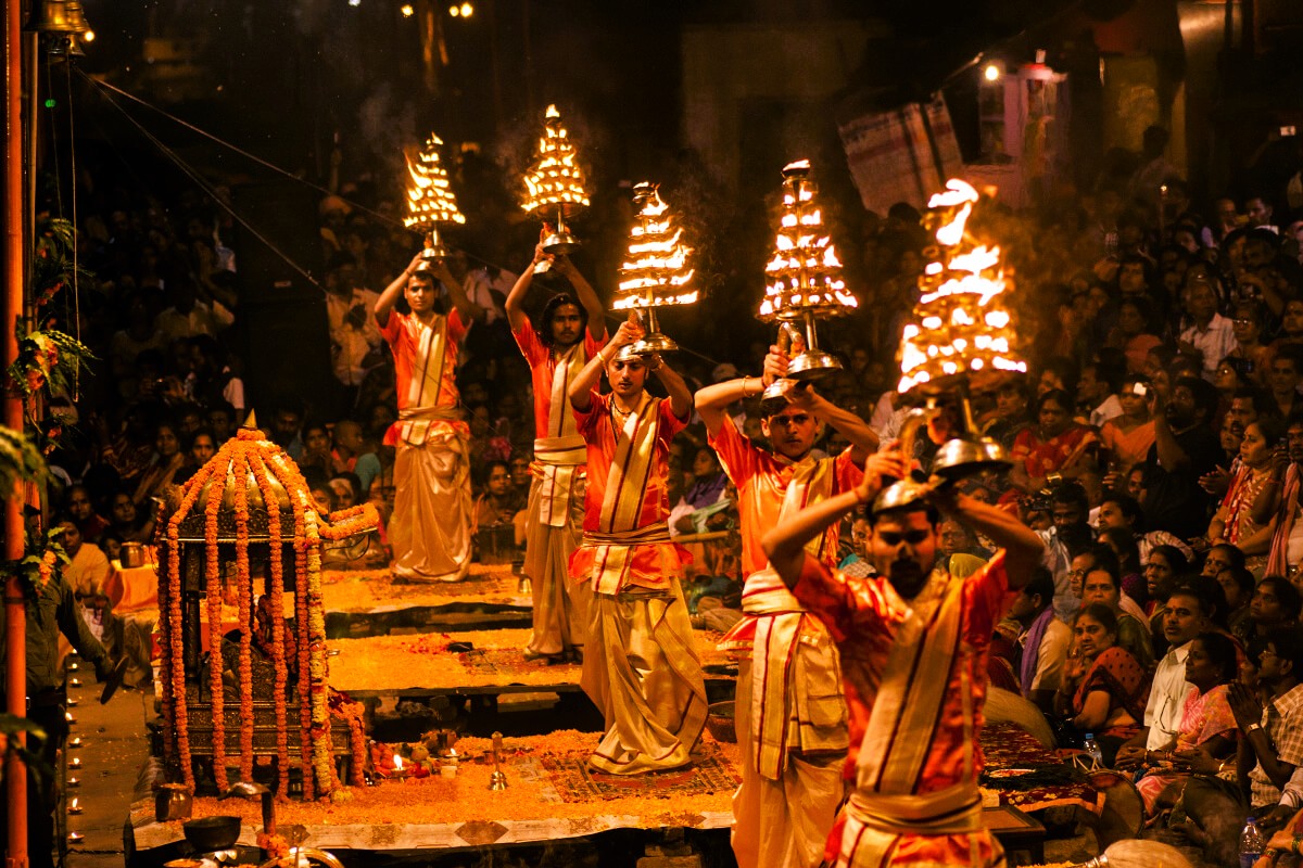 Evening Ganga Aarti ceremony at Varanasi ghats on the Ganges River