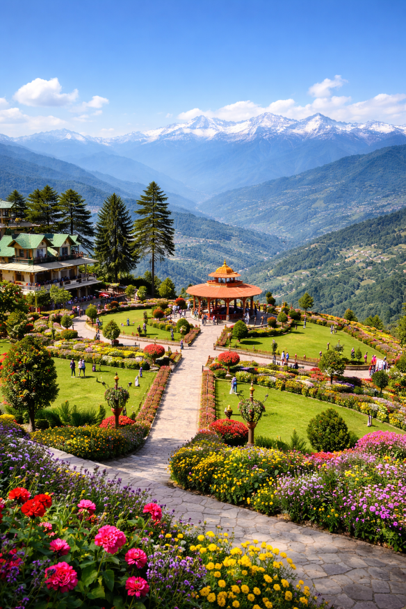 Deolo Hill in Kalimpong featuring landscaped gardens, colorful flowers, and a scenic viewpoint overlooking lush valleys and snow-capped Himalayan mountains