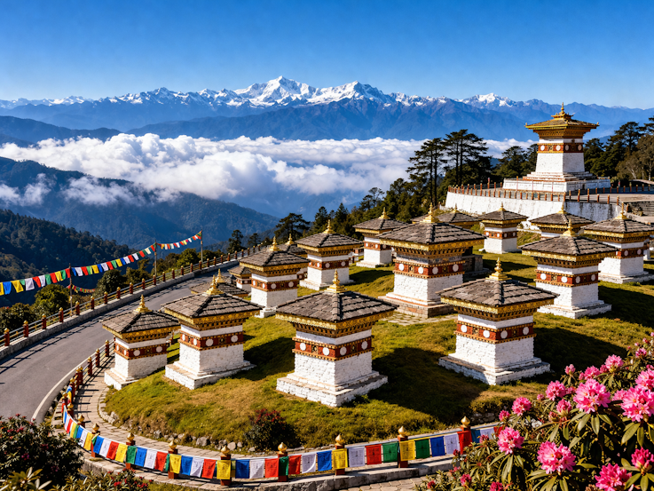 Sunrise view of Dochula Pass featuring 108 Druk Wangyal Chortens, colorful prayer flags, and panoramic snow-capped Himalayan peaks above a sea of clouds.