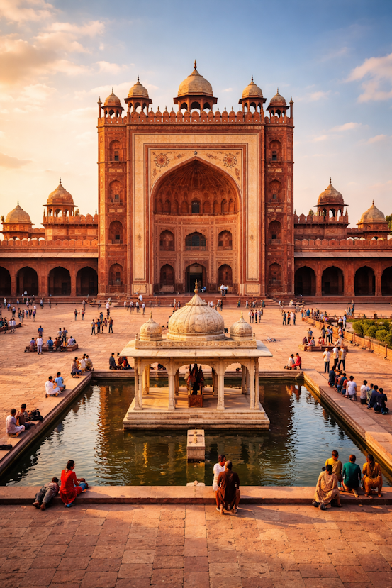 Panoramic view of Fatehpur Sikri showcasing historic sandstone architecture, Mughal courtyard, and reflecting pool under warm golden light.