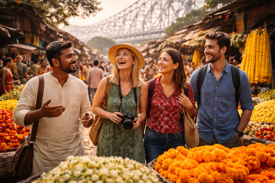 Foreign tourists exploring Kolkata flower market with local guide near Howrah Bridge amid vibrant marigold and jasmine stalls
