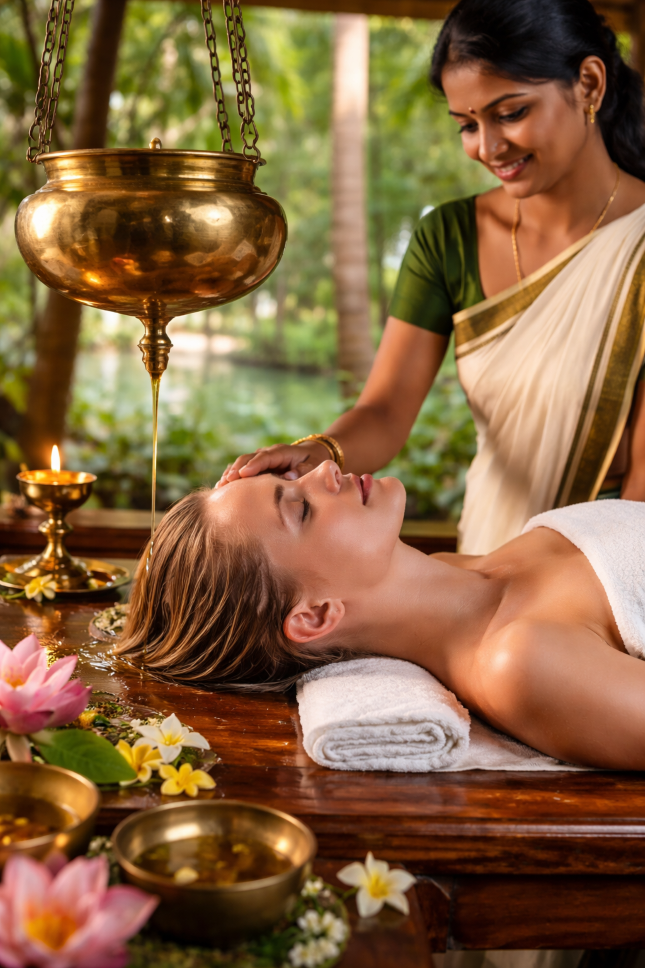 Foreign woman receiving traditional Ayurvedic Shirodhara spa therapy in India, relaxing on a wooden massage table while a therapist pours warm herbal oil in a serene tropical setting