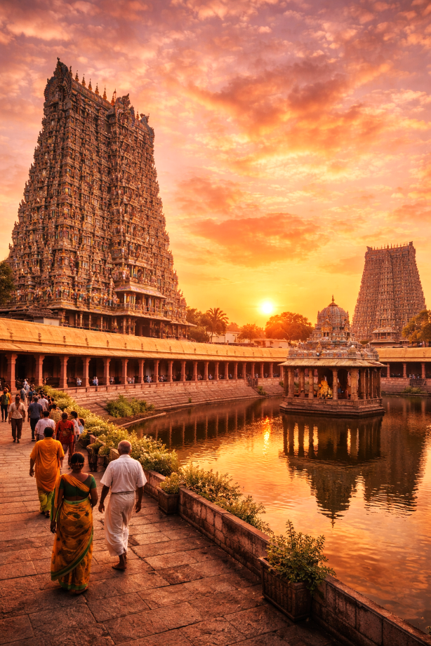 Meenakshi Amman Temple Madurai at sunset with towering gopurams, sacred temple tank, and pilgrims in traditional attire South India heritage tour