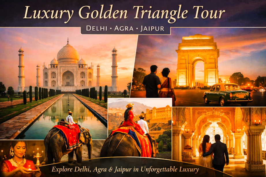 Luxury Golden Triangle Tour India featuring Taj Mahal in Agra, India Gate in Delhi, Amber Fort in Jaipur, and palace hotel interiors with elephant ride experience