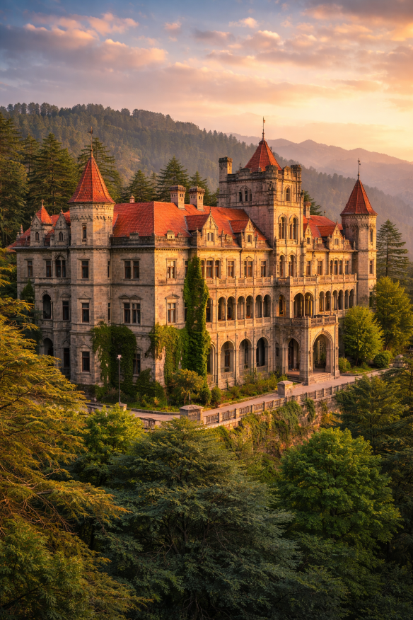 Gorton Castle Shimla in golden evening light showcasing neo-Gothic colonial architecture surrounded by pine forests in Himachal Pradesh, India