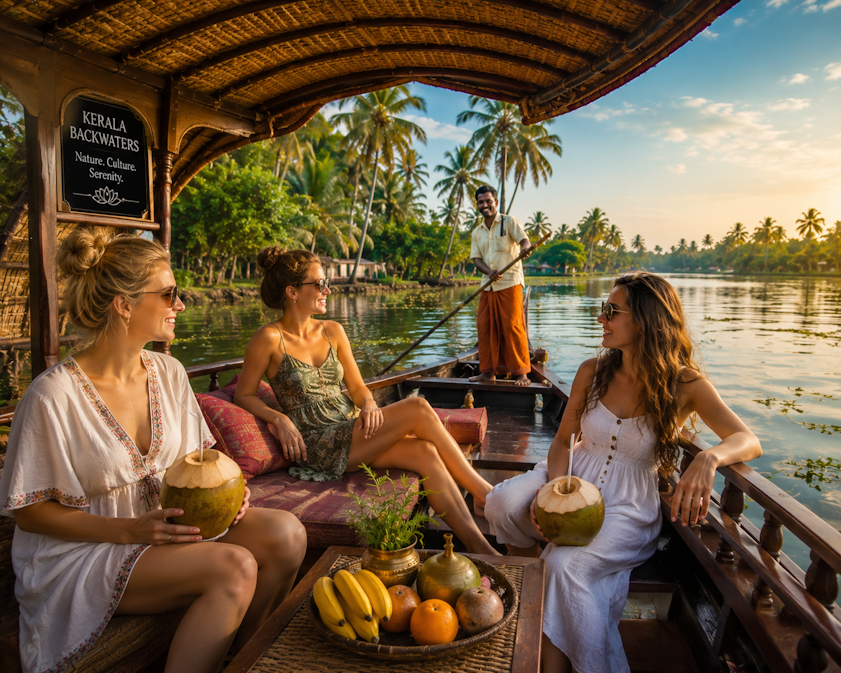 Young foreign women relaxing on a traditional Kerala houseboat cruise, enjoying tropical backwaters, coconut drinks, and scenic palm-lined waterways at sunset in Kerala, India.