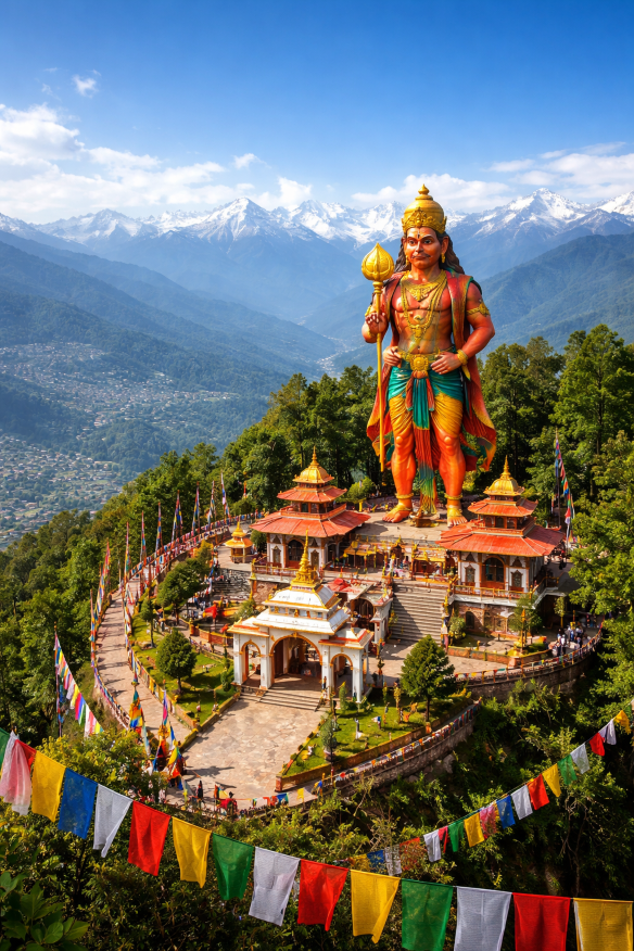 Hanuman Tok temple in Gangtok with a towering Lord Hanuman statue, surrounded by lush green hills and snow-capped Himalayan mountains under a clear blue sky