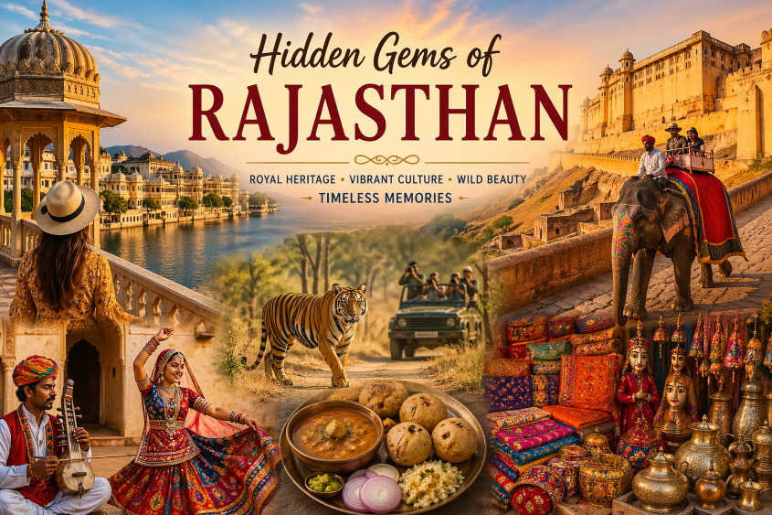 Collage of Rajasthan featuring Udaipur lake palace, Amber Fort, tiger safari, folk dance, traditional cuisine, and colorful handicraft markets in India