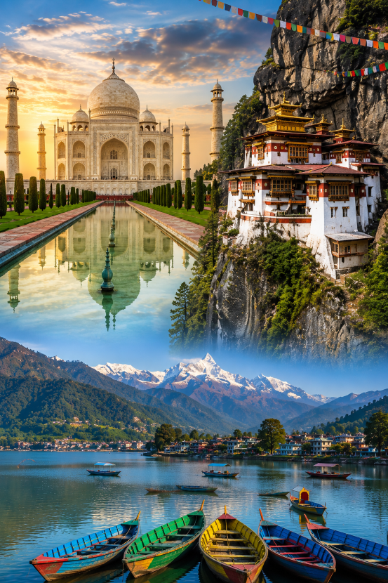 Collage of iconic South Asian landscapes featuring the Taj Mahal at sunrise, a cliffside Bhutanese monastery with prayer flags, and Nepal’s Phewa Lake with colorful boats and Himalayan peaks in the background.