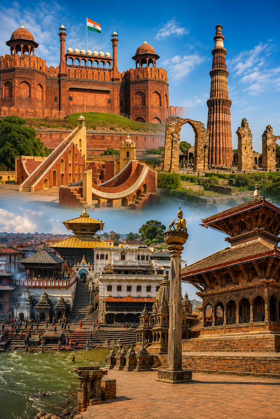 Panoramic collage of iconic South Asian landmarks featuring the Red Fort and Qutub Minar in Delhi, Jantar Mantar in Jaipur, and Pashupatinath Temple with Patan Durbar Square in Nepal, captured in bright daylight with clear blue skies and detailed architectural views.