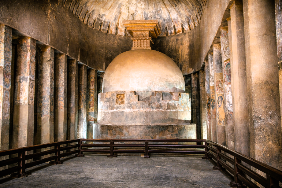 Ancient Buddhist stupa inside Ajanta Cave temple in Maharashtra, a UNESCO World Heritage site visited on Western India Classical Tours.