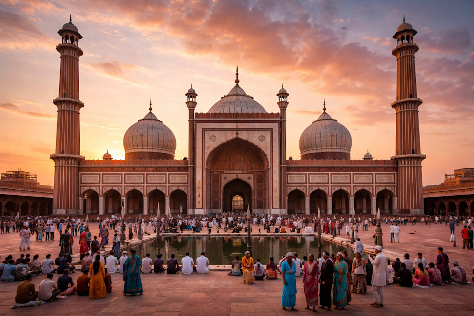 Grand view of Jama Masjid at sunset with crowds in the courtyard, showcasing Mughal architecture during a heritage walk in Delhi