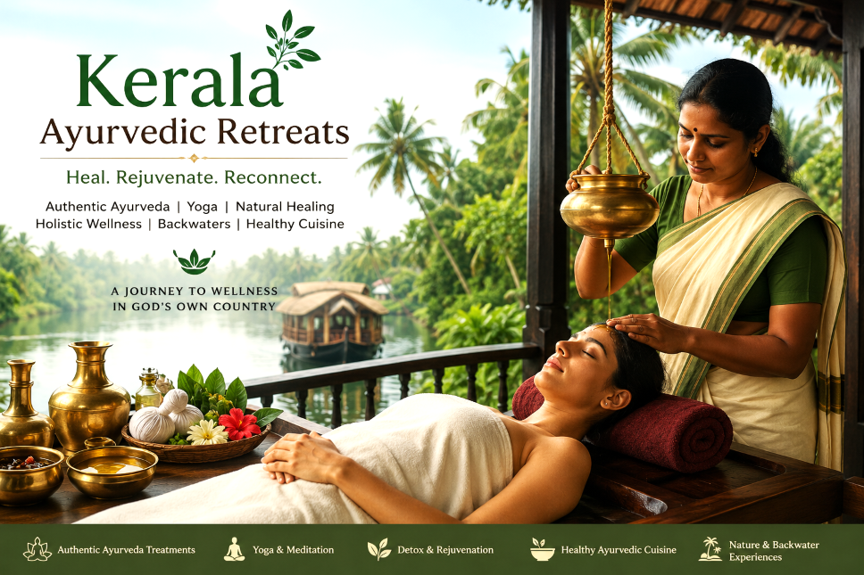 Luxury Kerala Ayurvedic retreat beside serene backwaters with a traditional Shirodhara therapy session, tropical palms, wellness spa setting, and authentic Ayurveda healing experience in India.