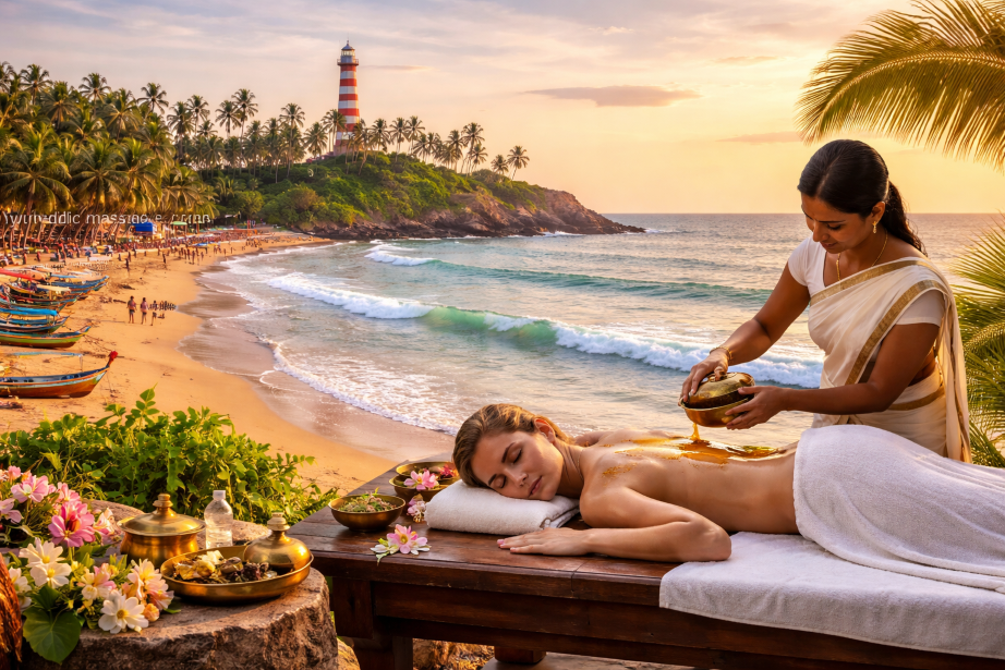 Kovalam beach lighthouse Kerala India tropical coastline sunset