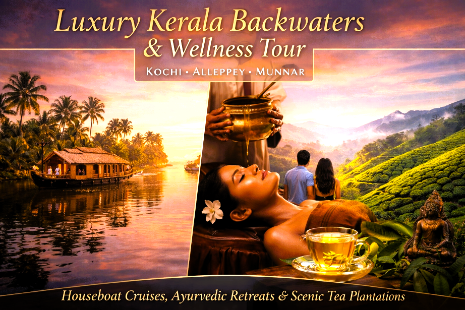 Luxury Kerala backwaters tour with houseboat in Alleppey, Ayurvedic wellness spa treatment, and tea plantations in Munnar South India