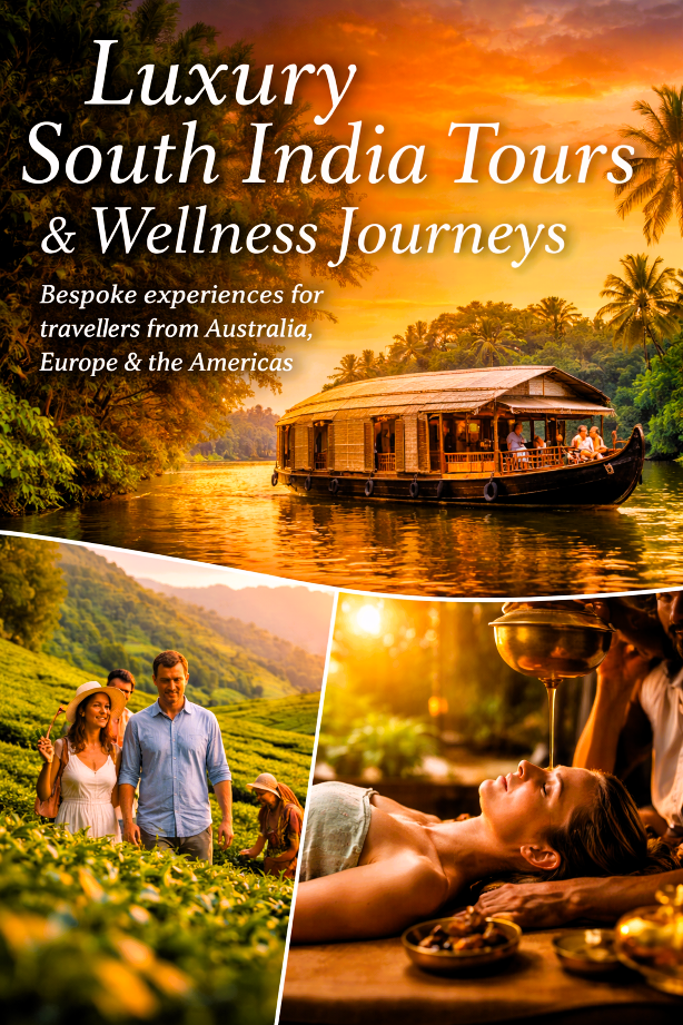 Luxury South India tour with Kerala backwaters houseboat, Munnar tea plantations, and Ayurvedic wellness spa experience