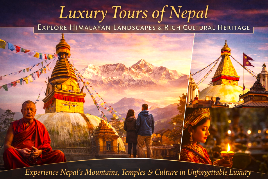 Luxury Nepal tour featuring Boudhanath Stupa in Kathmandu, Himalayan mountain views, Buddhist monk, and cultural experiences in Nepal