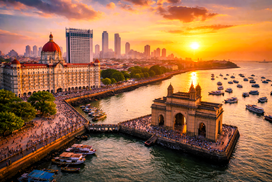 Mumbai skyline with Gateway of India and Taj Mahal Palace Hotel at sunset overlooking the Arabian Sea in Western India.