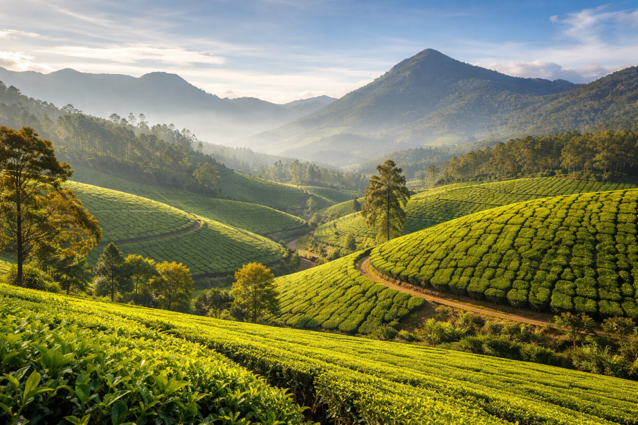 Munnar tea plantations rolling hills Kerala India scenic landscape