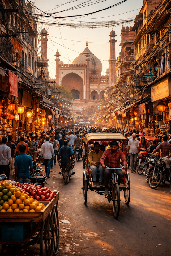Bustling street scene in Old Delhi with a cycle rickshaw moving through Chandni Chowk market, vibrant shops, overhead wires, and the majestic Jama Masjid glowing in golden evening light.