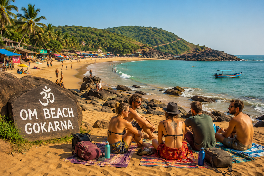 Foreign travellers relaxing and enjoying the scenic Om Beach in Gokarna, Karnataka, with golden sands, turquoise Arabian Sea waters, rocky coastline, beach cafés, palm trees, and lush green hills under a bright tropical sky.