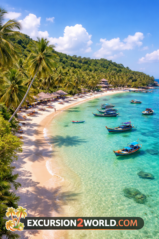 Tropical beach in Phu Quoc, Vietnam with turquoise waters, white sand, palm trees, and colorful fishing boats – featured by Excursion2World.