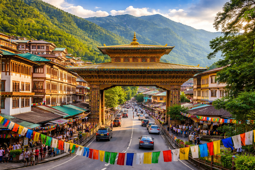 Vibrant street view of Phuentsholing featuring the ornate Bhutan Gate, colorful buildings, local markets, and lush green hills marking the gateway to Bhutan.