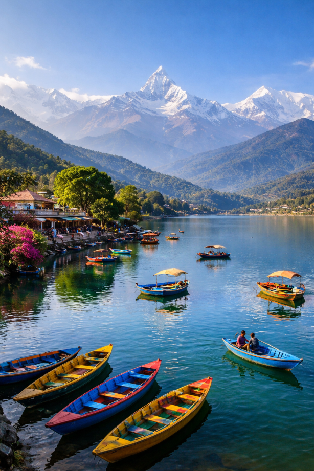 Colorful boats floating on Phewa Lake with the snow-capped Annapurna mountain range in the background under a clear blue sky.