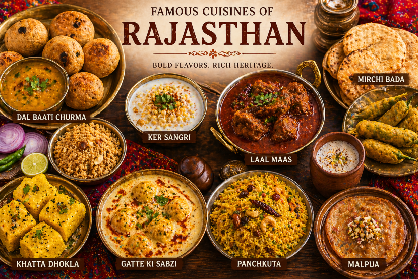 Traditional Rajasthani cuisine spread featuring dal baati churma, gatte ki sabzi, laal maas, ker sangri, mirchi bada and malpua served in authentic Indian style