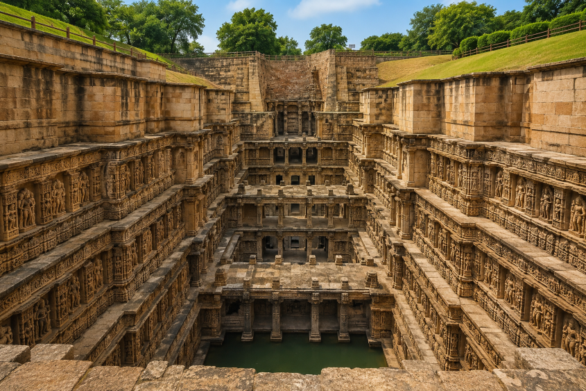 The magnificent Rani ki Vav stepwell in Patan, Gujarat, showcasing intricate stone carvings, symmetrical multi-level architecture, ancient sculptures, and beautifully preserved heritage craftsmanship under a bright blue sky.