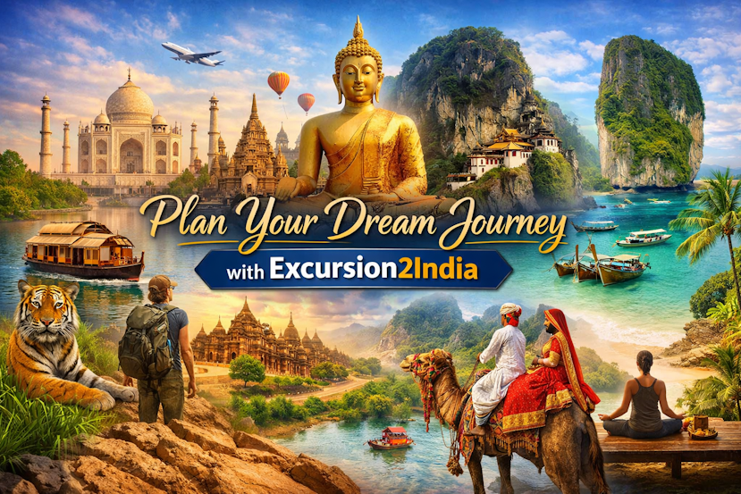 Luxury travel collage featuring Taj Mahal, Southeast Asia islands, wildlife safari, cultural experiences, and wellness retreats—custom India and Asia tour planning by Excursion2India