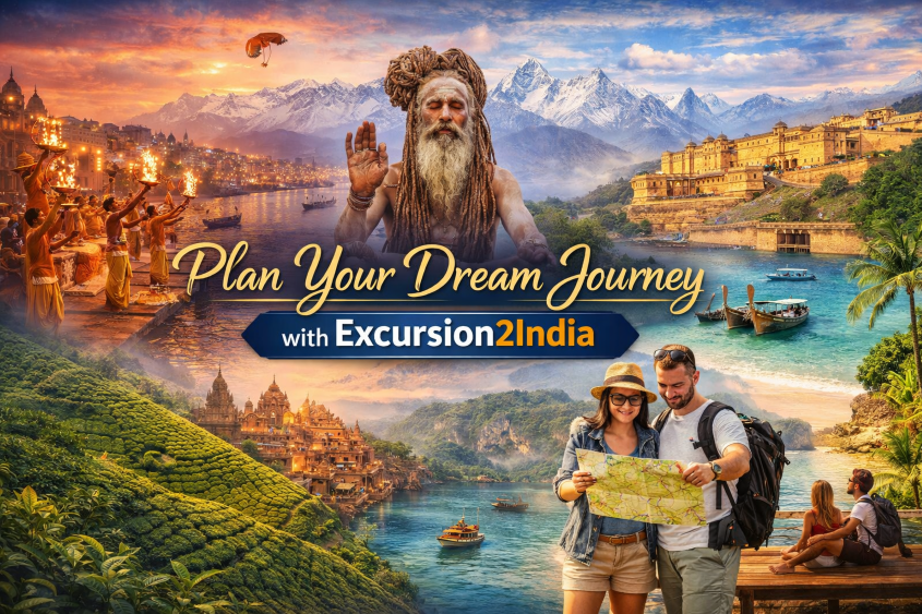Varanasi Ganga Aarti, Himalayan mountains, Amber Fort, tea plantations, tropical beaches and a mystic sadhu—luxury India travel experiences by Excursion2India for global travellers