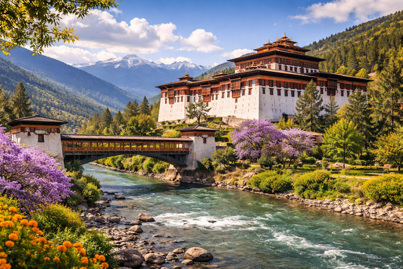 Scenic view of Rinpung Dzong in Paro, Bhutan, overlooking the Paro River with a traditional wooden bridge, surrounded by blooming trees and Himalayan mountains.