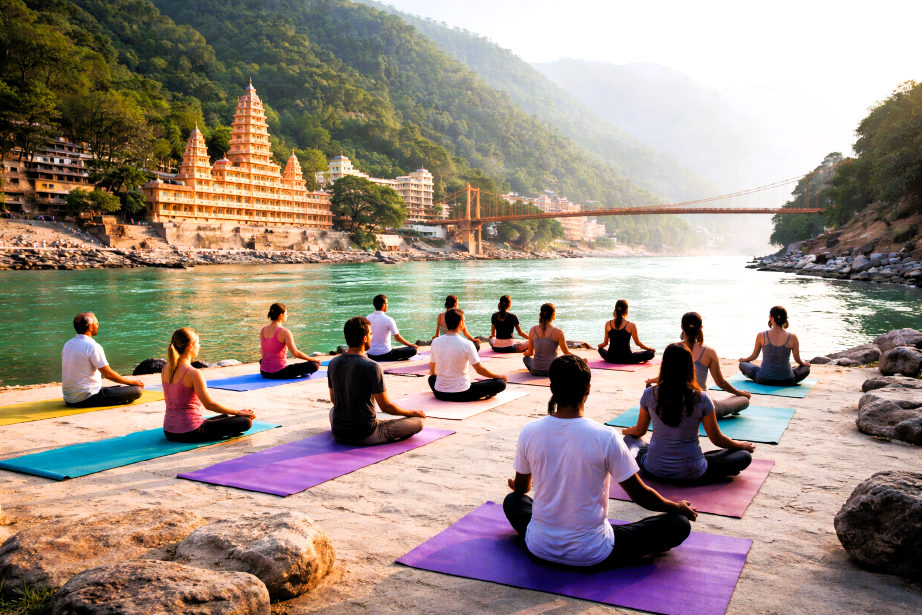 People practicing yoga by the River Ganges in Rishikesh with Himalayan backdrop during sunrise wellness retreat