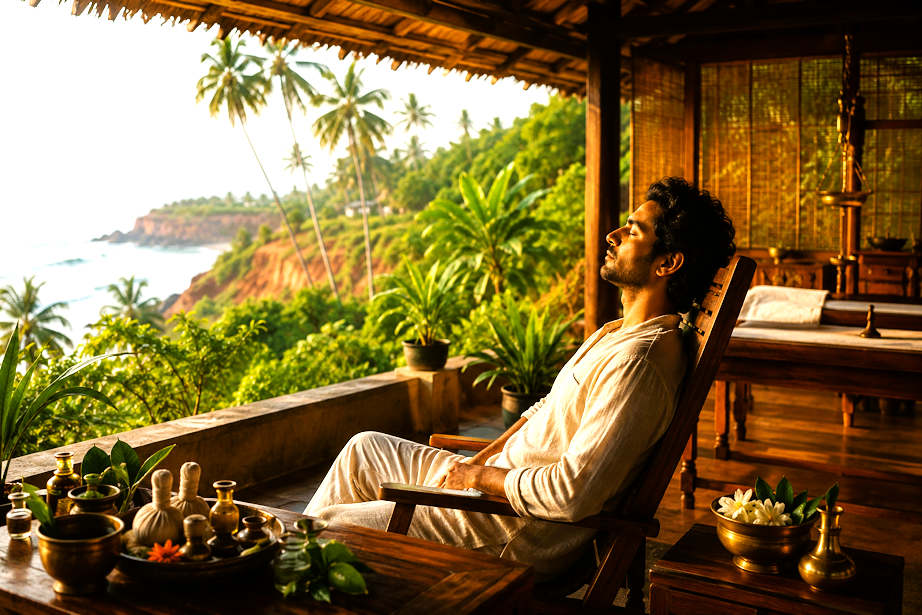 Man relaxing at a luxury Ayurvedic wellness retreat in Varkala overlooking the Arabian Sea, promoting sleep recovery and anxiety healing through holistic therapies.