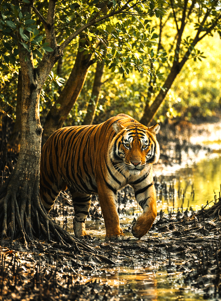 Royal Bengal Tiger walking through mangrove forest in Sundarbans National Park India wildlife safari